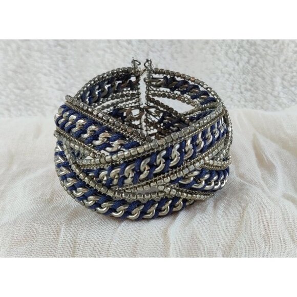 Bracelet Weave TriBand Memory Wire Blue Thread Silver Chain Beads Boho Cottage - Picture 1 of 9